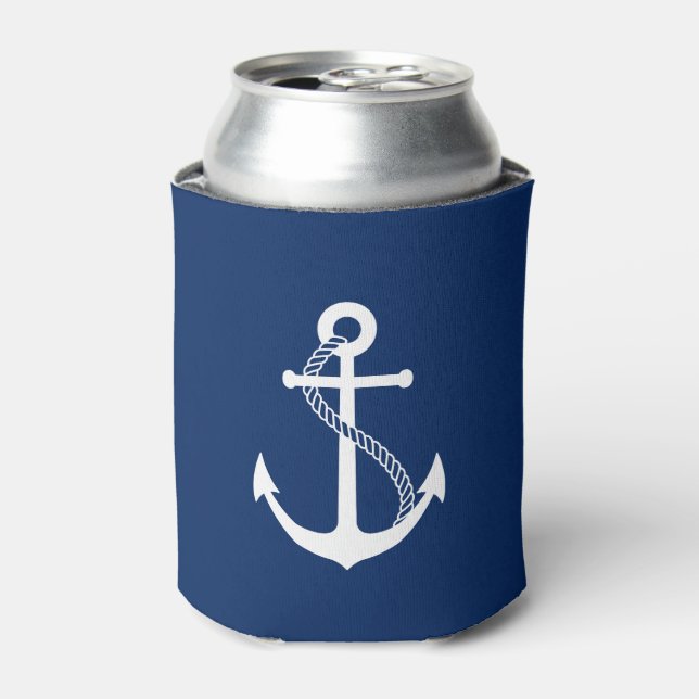 Nautical Navy Blue with White Anchor Can Cooler (Can Front)