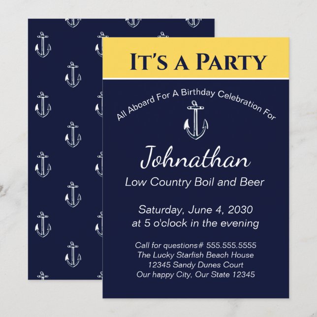 Nautical Navy Blue Yellow Anchor Birthday Party Invitation (Front/Back)