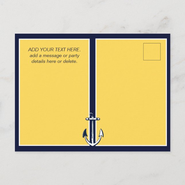 Nautical Navy Blue Yellow Anchor Birthday Party Postcard (Back)