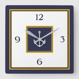 Nautical Navy Blue Yellow Anchor Square Wall Clock