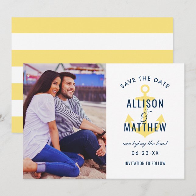 Nautical Navy Blue Yellow Anchor Wedding Photo Save The Date (Front/Back)
