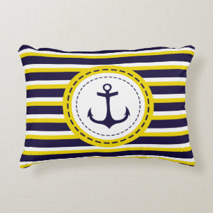 Nautical Navy Blue Yellow Stripes Anchor Design Accent Pillow