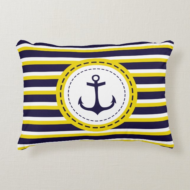 Nautical Navy Blue Yellow Stripes Anchor Design Accent Pillow (Front)