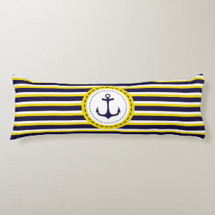 Nautical Navy Blue Yellow Stripes Anchor Design Body Pillow