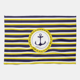 Nautical Navy Blue Yellow Stripes Anchor Design Kitchen Towel