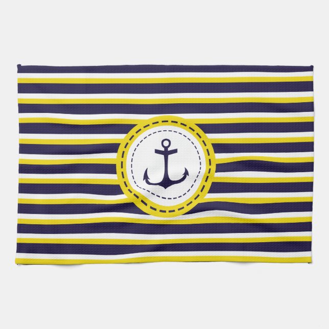 Nautical Navy Blue Yellow Stripes Anchor Design Kitchen Towel (Horizontal)