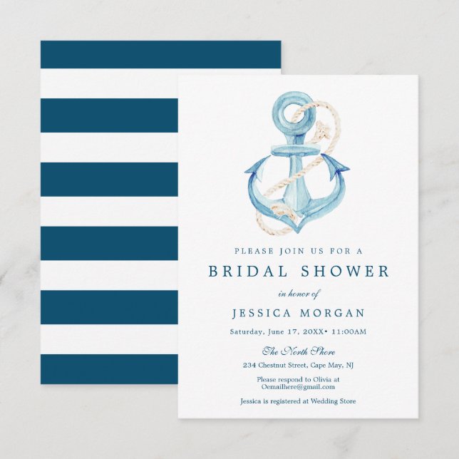 Nautical Navy Bridal Shower Invitation Card (Front/Back)