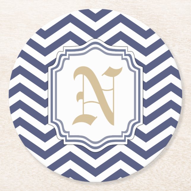 Nautical Navy Chevron Monogramed Round Paper Coaster (Front)