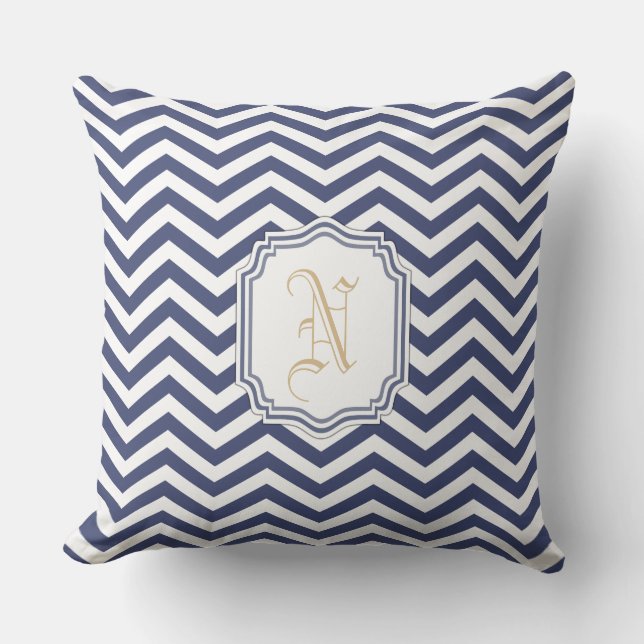 Nautical Navy Chevron Monogramed Throw Pillow (Front)