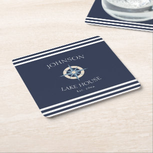 Nautical Navy Compass Stripe Lake House Square Paper Coaster