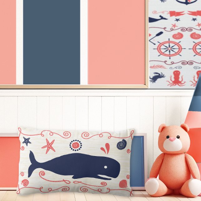 Nautical Navy Coral Boy Nursery Whales & Seashells Lumbar Pillow (Creator Uploaded)