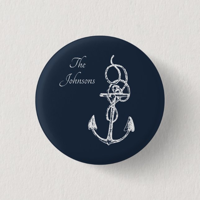 Nautical Navy Custom Family Name Anchor 1 Inch Round Button (Front)