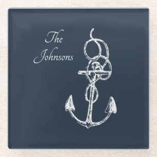 Nautical Navy Custom Family Name Anchor Glass Coaster