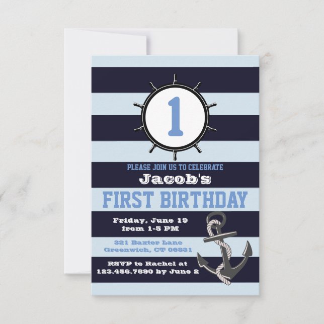 Nautical Navy First Birthday Invitations (Front)