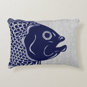 Nautical Navy Fish Head & Grey Herringbone Accent Pillow