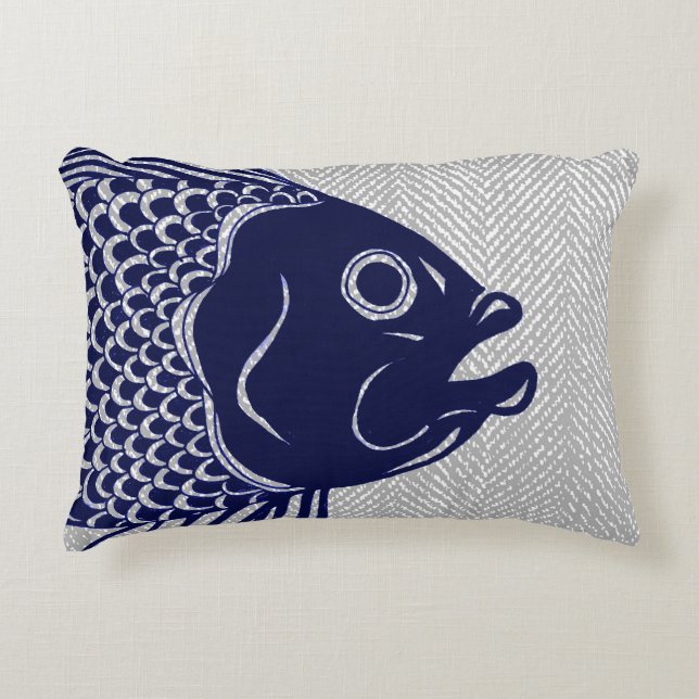 Nautical Navy Fish Head & Grey Herringbone Accent Pillow (Front)