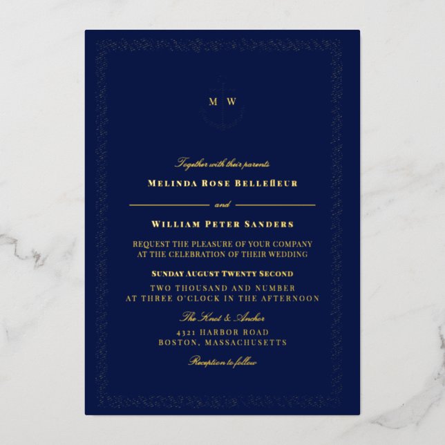 Nautical Navy Gold Anchor Monogram Wedding (Front)
