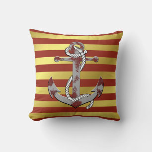 Nautical navy/gold anchor/wheel/gold red stripe throw pillow