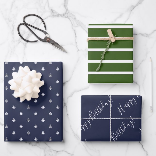 Nautical Navy & Green Birthday Wrapping  Wrapping Paper Sheet (Front)