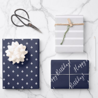 Nautical Navy & Light Grey Birthday Wrapping Wrapping Paper Sheet