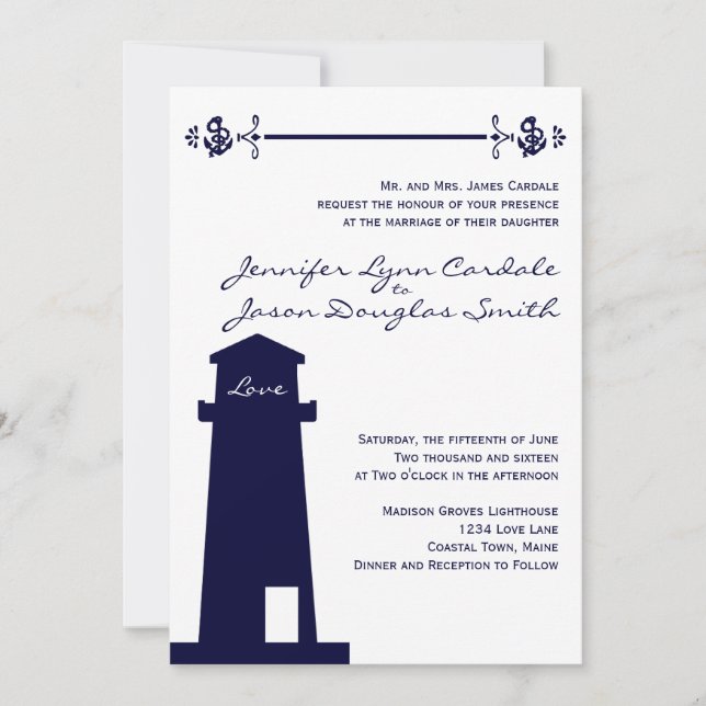 Nautical Navy Lighthouse Anchor Wedding Invitation (Front)