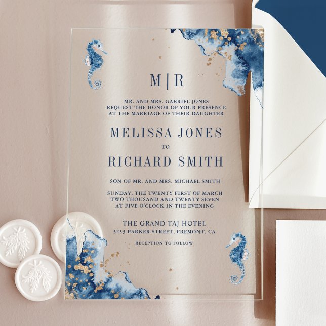 Nautical Navy Monogram Seahorse Wedding Acrylic Invitations (Creator Uploaded)