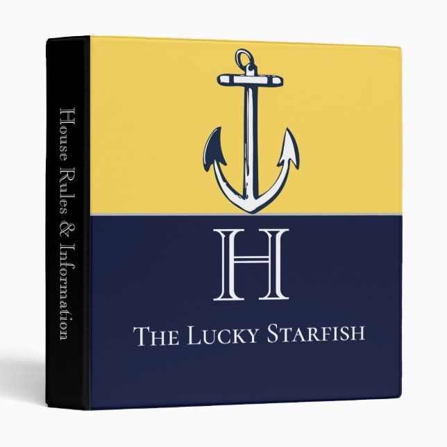 Nautical Navy Mustard Yellow Anchor beach house Binder (Front/Spine)