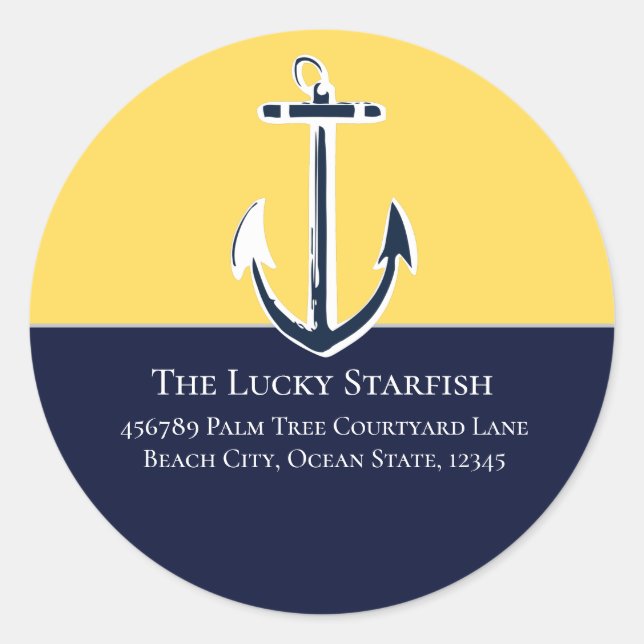 Nautical Navy Mustard Yellow Anchor beach house Classic Round Sticker (Front)