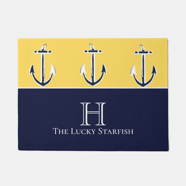 Nautical Navy Mustard Yellow Anchor beach house Doormat (Front)