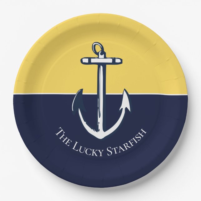 Nautical Navy Mustard Yellow Anchor beach house Paper Plate (Front)