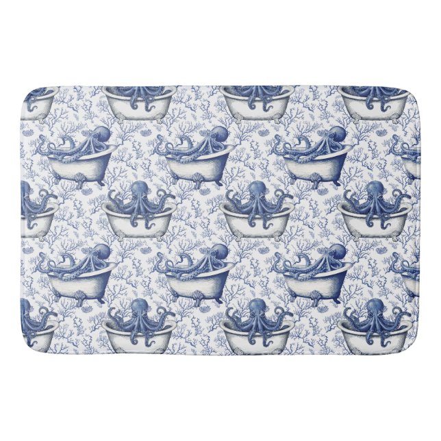 Nautical Navy Octopus in a Bathtub Bath Mat (Front)