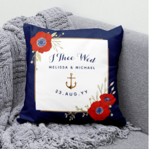 Nautical Navy & Red Anemones Ring Bearer Throw Pillow