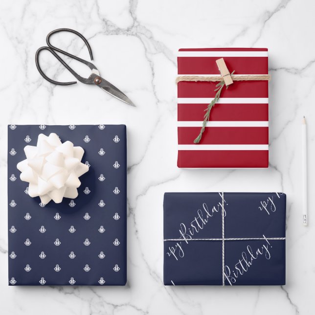 Nautical Navy & Red Birthday Wrapping Paper Sheets (Front)