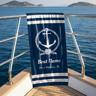 Nautical Navy Rope Anchor Boat Name Beach Towel