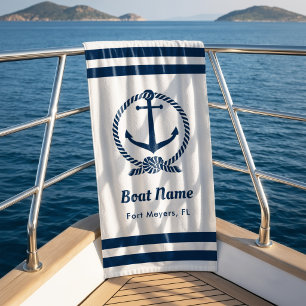 Nautical Navy Rope Anchor Boat Name Beach Towel