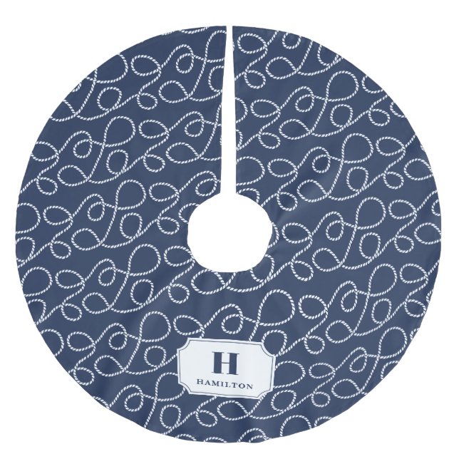 Nautical Navy Rope Monogram Brushed Polyester Tree Skirt (Front)