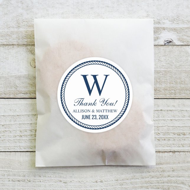 Nautical Navy Rope Wedding Monogram Thank You Classic Round Sticker (Creator Uploaded)