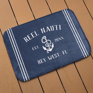Nautical Navy Rustic Anchor   Your Boat Name Bath Mat