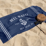 Nautical Navy Rustic Anchor | Your Boat Name Beach Towel<br><div class="desc">Up your boat game with these personalized beach towels in classic nautical navy blue and white. Personalize with your boat name,  ship's registry,  and year established in rustic white lettering with an anchor illustration and rope stripe detailing along the sides.</div>