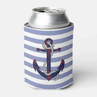Nautical navy rusty anchor with rope/blue stripe can cooler