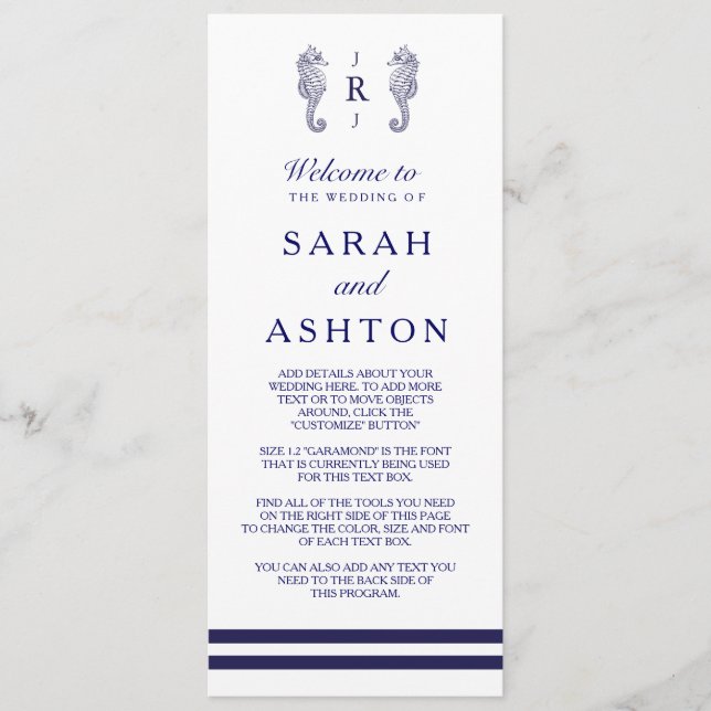 Nautical Navy Seahorse Wedding Program (Front)