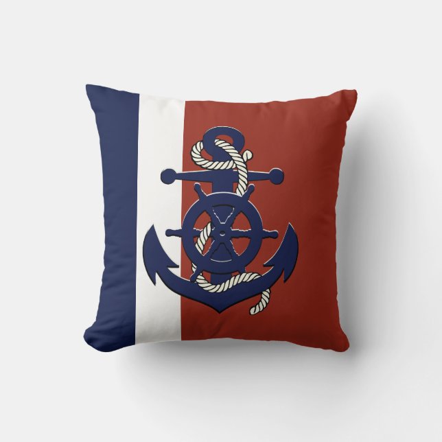 Nautical navy ship's wheel/anchor red throw pillow (Front)