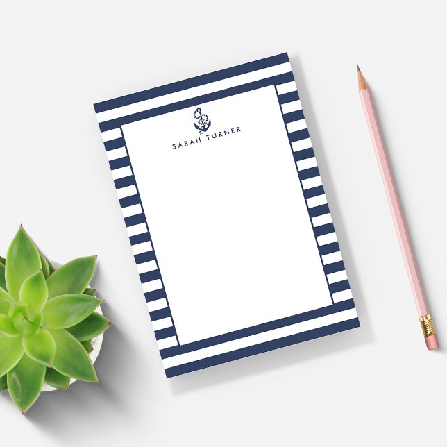 Nautical Navy Stripe & Anchor Personalized Post-it Notes (Creator Uploaded)