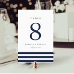 Nautical Navy Stripe Personalized Table Number<br><div class="desc">Simple and chic table number cards in classic navy blue,  soft grey and crisp white feature a trio of nautical inspired stripes along the bottom. Personalize with your names and wedding date. Design repeats on reverse side. Coordinates with our Nautical Mix wedding invitation suite.</div>