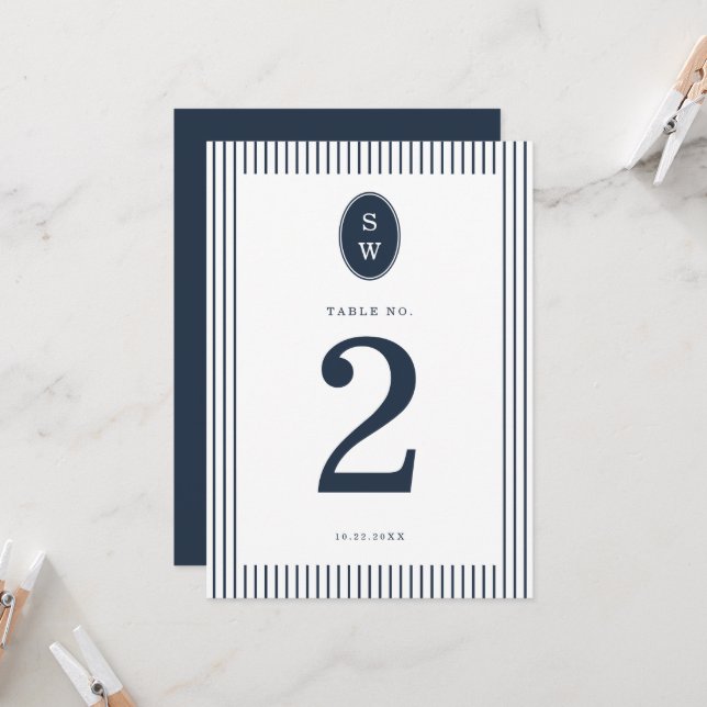 Nautical Navy Stripe Wedding Table Number Card (Front/Back In Situ)