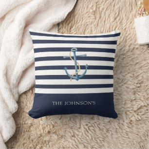 Nautical Navy Striped Anchor Coastal Throw Pillow