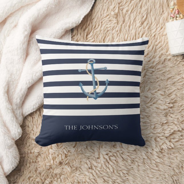 Nautical Navy Striped Anchor Coastal Throw Pillow (Blanket)