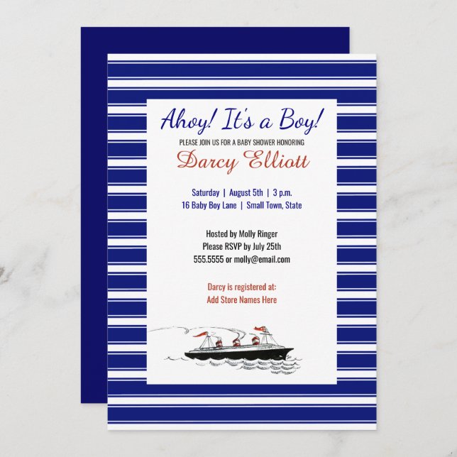 Nautical Navy Stripes Ahoy It's a Boy Baby Shower Invitation (Front/Back)
