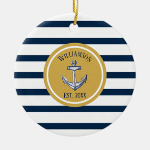 Nautical Navy Stripes and Anchor Custom Wedding Ceramic Ornament