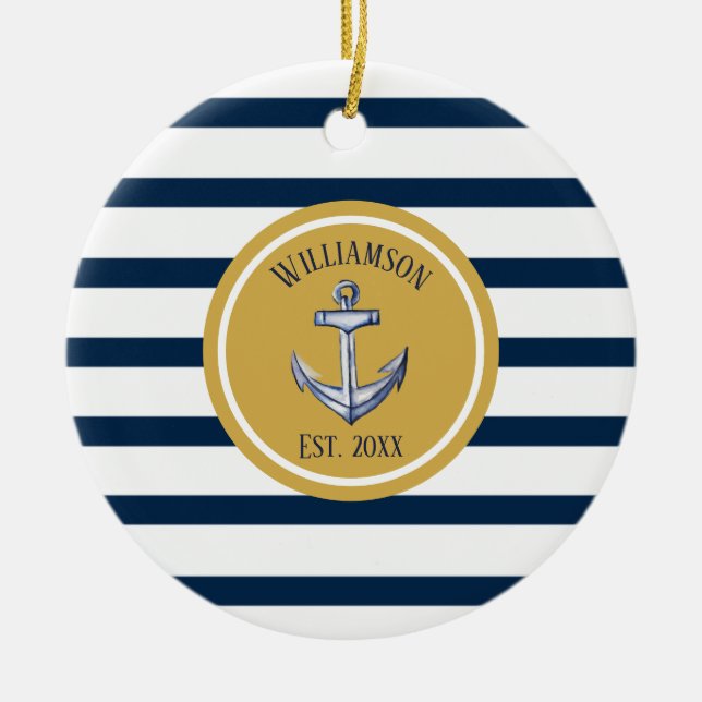 Nautical Navy Stripes and Anchor Custom Wedding Ceramic Ornament (Front)